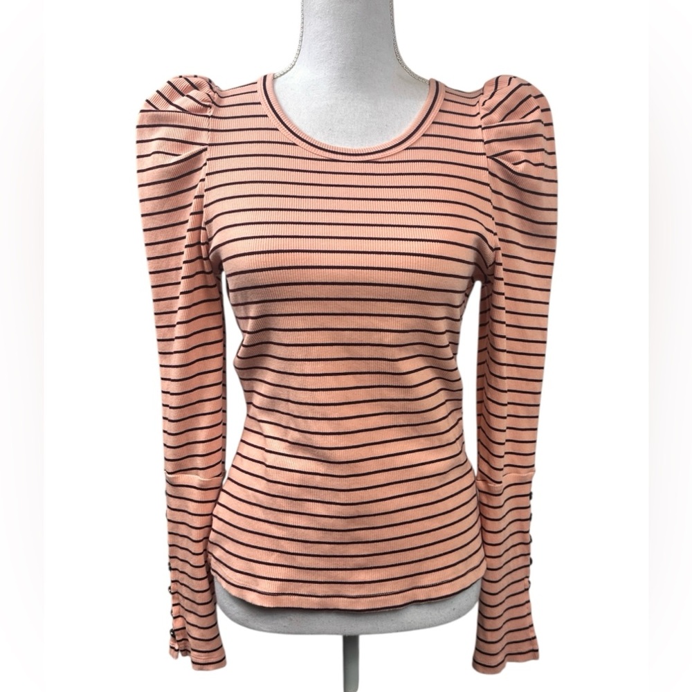 Maeve Anthropologie Classic Cotton Striped Ribbed Puff Sleeve Blouse Size Medium - Picture 2 of 12